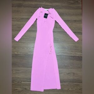 NWT Nicholas Janet Rib Knit Cage Dress Paris Pink Gold Ring Slit Maxi L